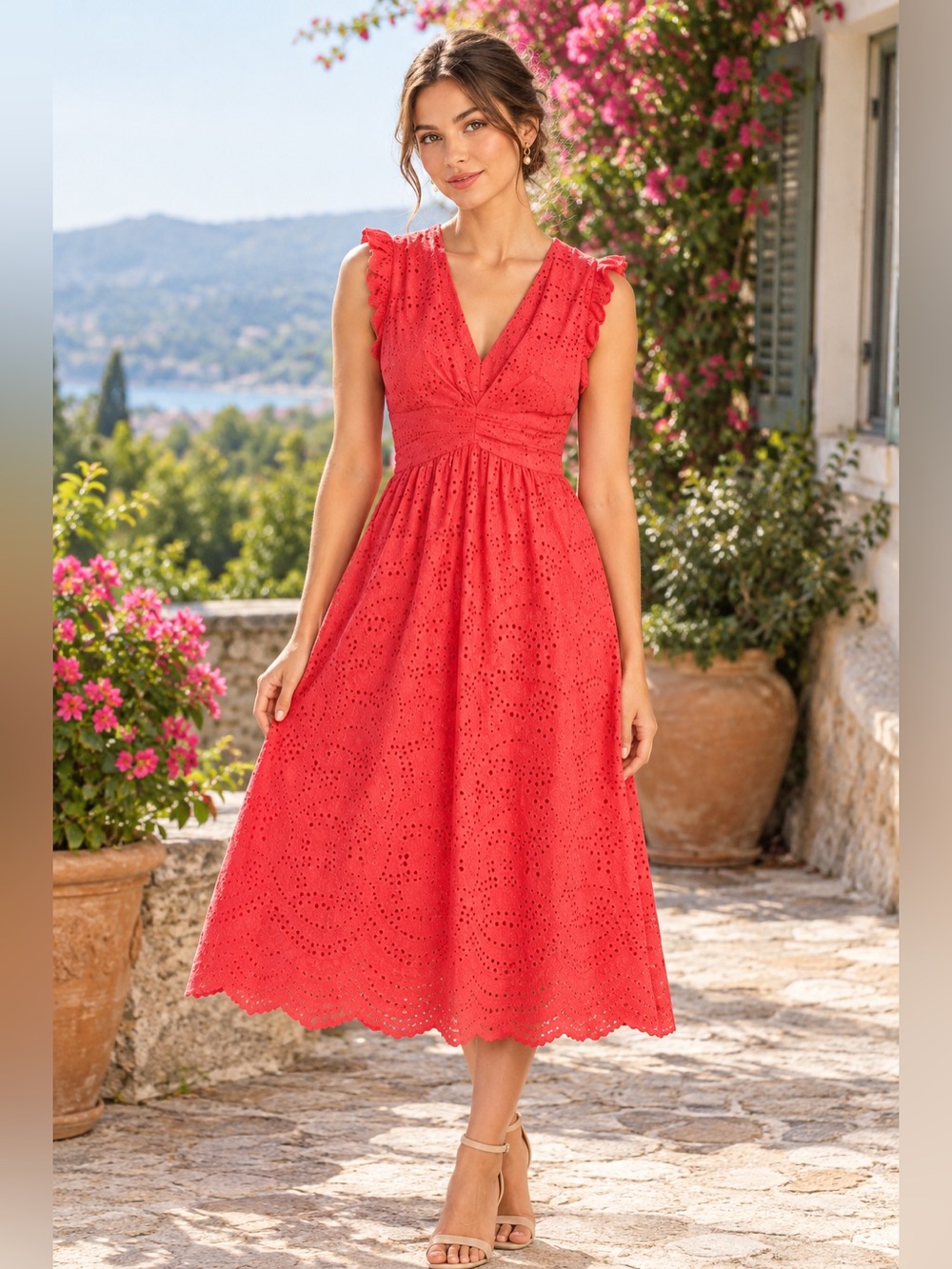 Maggy London Pink Coral Eyelet V‑Neck Midi Dress
